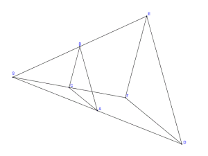 I figuren er det to trekanter ABC, DEF. Linjene AD, BE og CF skjærer i et punkt S.